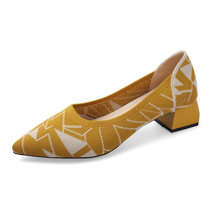 Shallow One-foot Thick-heel Mid-heel Knitted Shoes