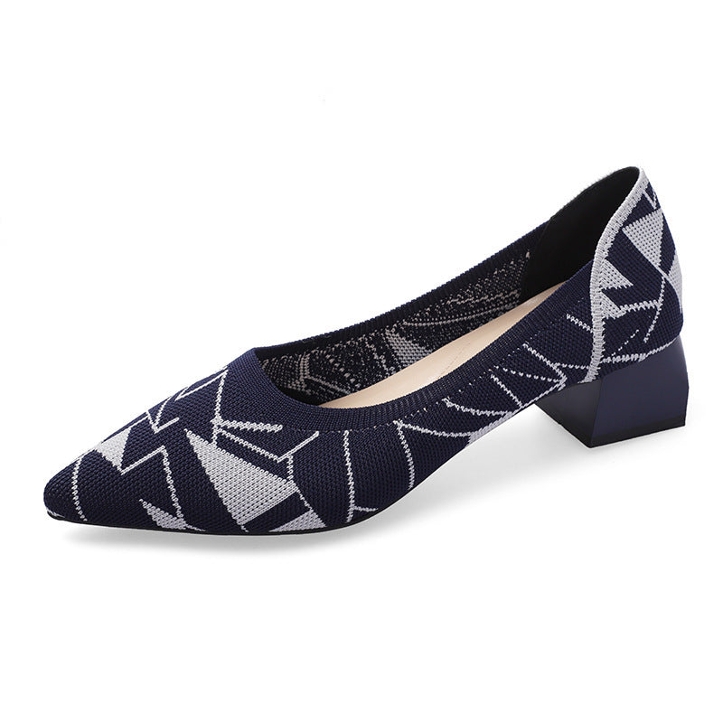 Shallow One-foot Thick-heel Mid-heel Knitted Shoes